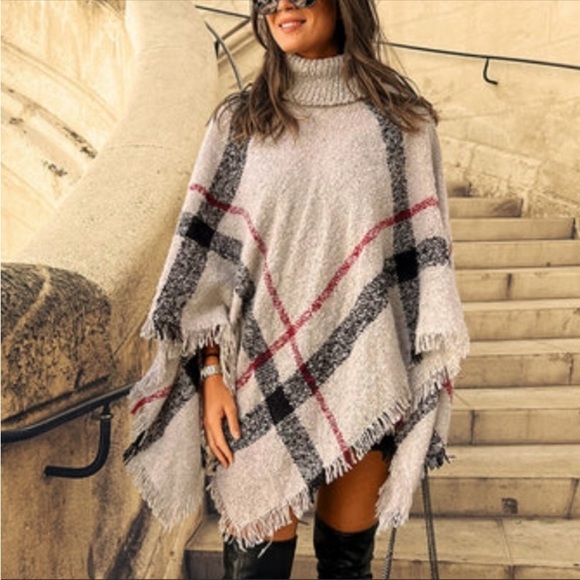 Plaid Turtleneck Fringe Women Poncho - Picture 4 of 5